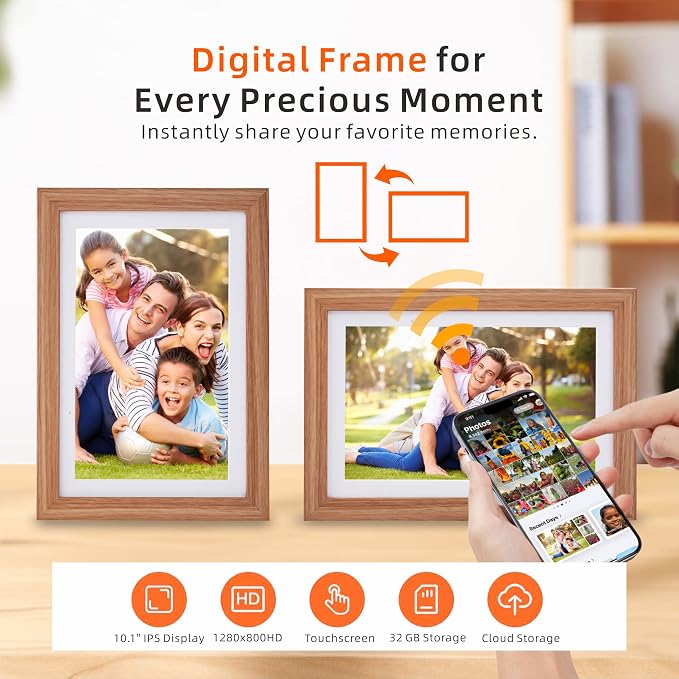 Smart Digital Calendar 10.1 Inch Touch Screen Family Organizer with Photo Frame, Wood Frame, Chore Chart and Meal Planner No Subscription