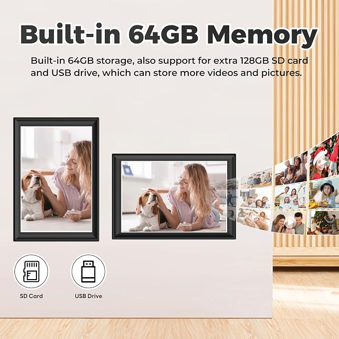 10.51 Inch WiFi Digital Picture Frame with Touch Screen | 64GB smart picture frame with 1920x1280 100% sRGB IPS display. Supports Frameo App for 5G/Instant photo & video sharing.