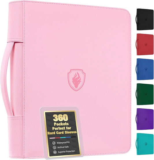 Fabmaker Top Load Binder Holds 360 Cards, Portable Card Binder with Retractable Handle, Side Loading Trading Card Storage for 3" x 4" Hard Card Sleeves, Collectible Case for Games, Sports Cards, Pink
