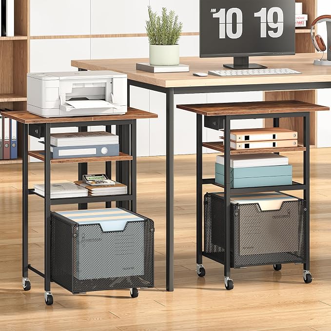 HOOBRO Printer Stand with Hanging File Drawer, Rolling Printer Cart on Wheels, Mobile Filing Cabinet Storage Shelf, Home Office Desk Side Organizer, Rustic Brown and Black BF17UPS01