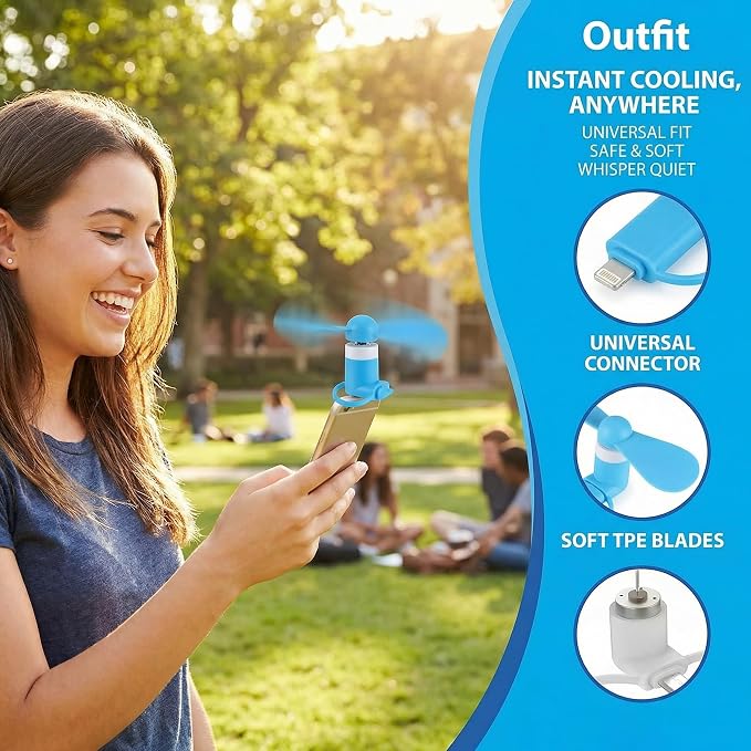 JORMEY 4 Pack Mini Cell Phone Fan, 2 in 1 Portable Cellphone Fan Pocket Fans Travel Fans Fast Cooling for Summer Outdoor, for Android Phone/Type-C Interfaces