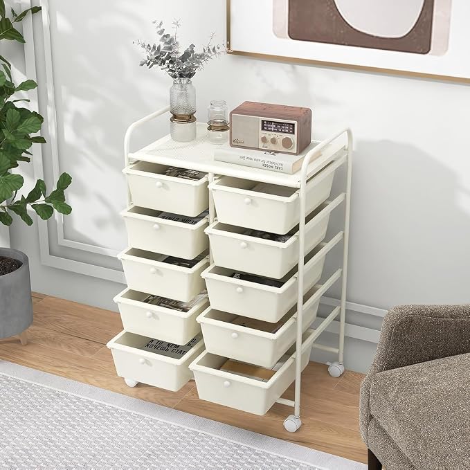 10 Drawer Rolling Cart, Storage Cart Organizer on Wheels, Drawer Cart with Metal Frame & Large Storage Capacity, Rolling Cart with Drawers for Living Room Classroom, Office