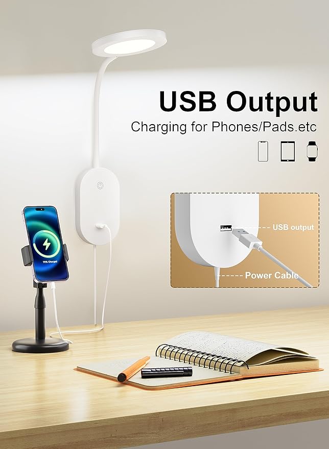 deeloop Wall Mounted Reading Light,Book Lights with USB Output, Reading Lamps for Bed Headboard in 4 Hours Auto-Off, Touch Control Wall Lamp with 5 Dimmable Flexible Head Rotation Bedside Lamps White
