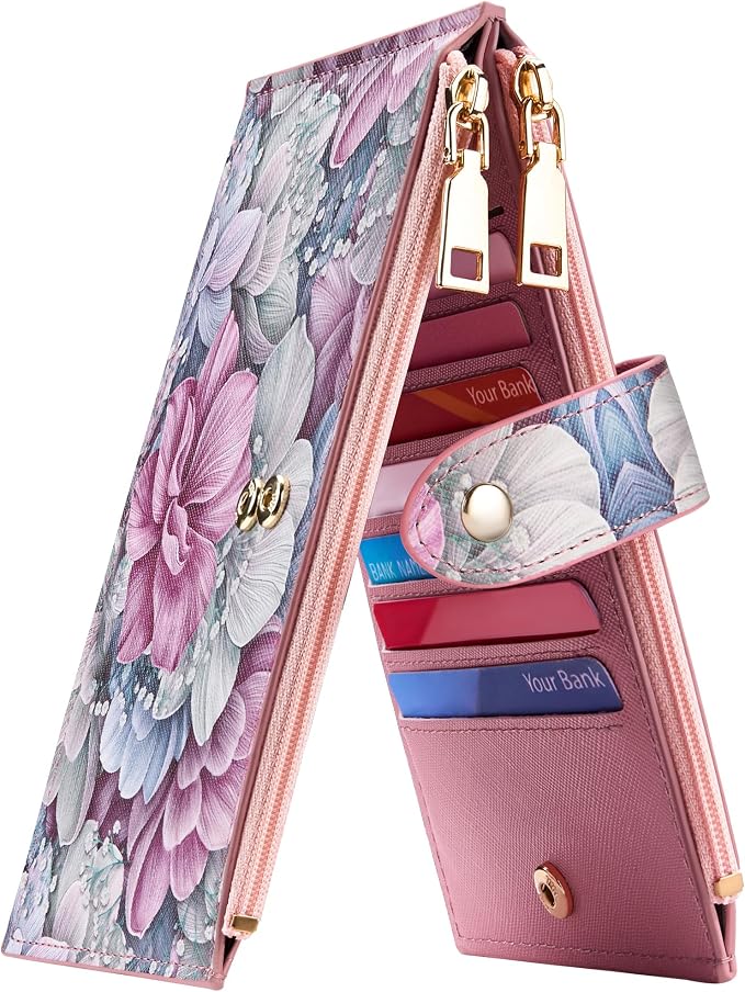 Travelambo RFID Wallet Women Large Size Bifold Multi Card Wallet Case with Zipper Pocke Credit Card Holder for Women