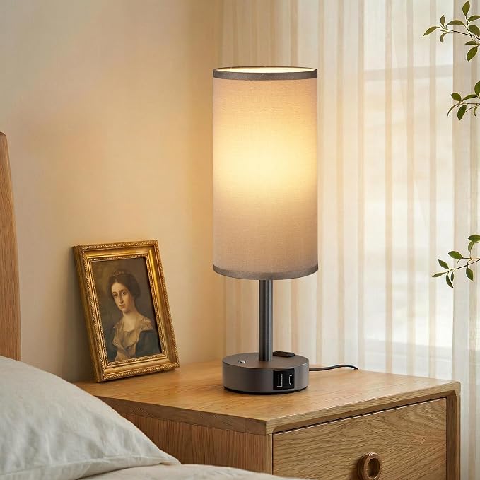 Grey Touch Bedside Lamp for Bedroom, Stepless Dimmable, USB A+C, AC Outlet | Base Touch Button Only, Memory Brightness, Ultra-dim Night Light, Included Bulb for Optimal Dimming, Grey Fabric Shade, Desk