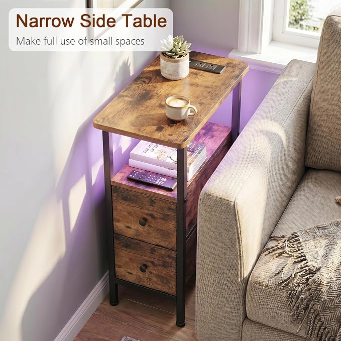 Narrow End Table with Charging Station, Small Nightstand | Skinny Side Tables Living Room with 2 Fabric Drawers, Slim Bedside Table with LED Lights for Bedroom, Small Spaces, Brown