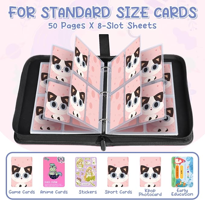 Premium 4 Pocket Trading Card Binder,400 Capacity with 50 Removable Sleeves | PU Leather Zipper Album Book for Sports Cards, Game | Card Storage & Organization for Girls Collector Orange Pink