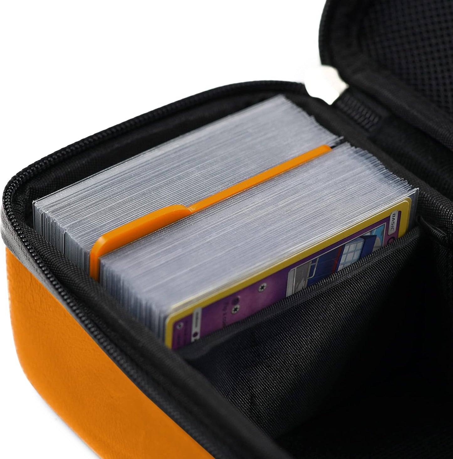 Quiver Time Orange Bolt Card Carrying Case fits Pokemon Cards and other TCG Games - Storage Bag for Playing/Trading Cards and Deck Box (Straps, Dividers & 100 Apollo Card Sleeves)