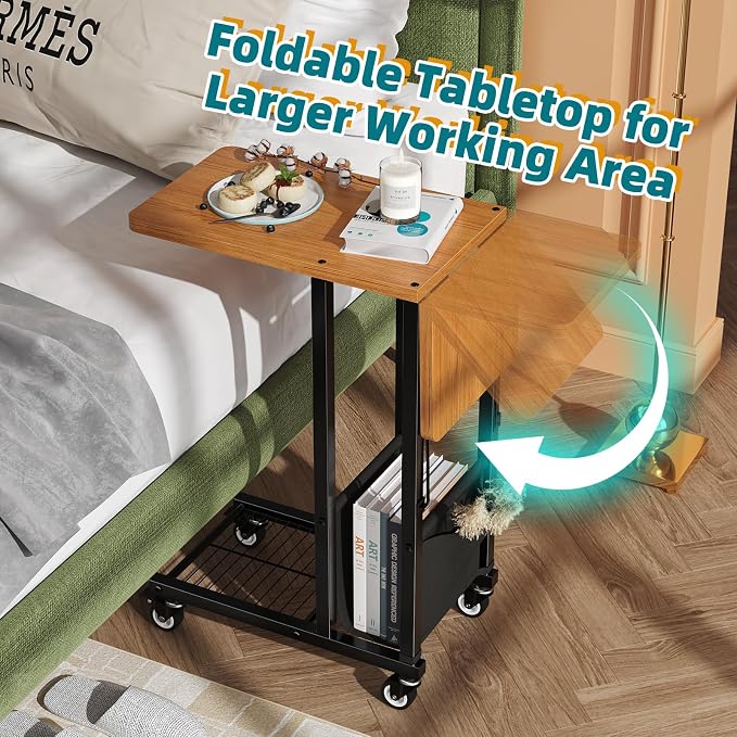 Simple Trending C Shaped End Table, Folding TV Tray Couch Side Table for Sofa on Wheels, Black