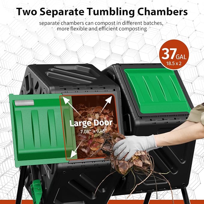 Compost Bin, 37-Gal Dual Chamber Composter Tumbler, Black Green | Steel Frame with 2 Sliding Door and Aeration System, 360° Rotating, Tumbling Composting Bin for Kitchen, Garden, Yard