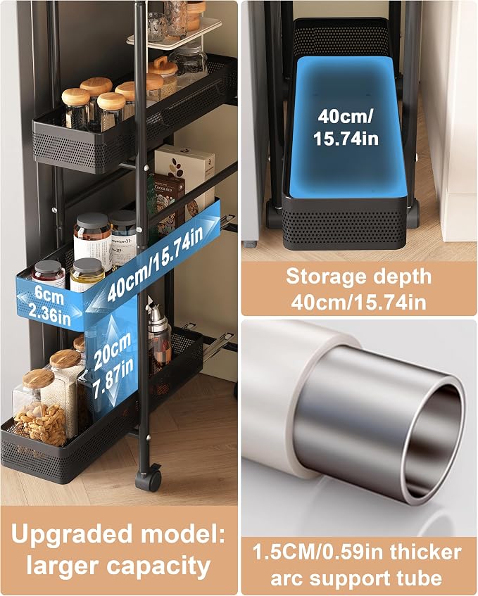 UMDONX 4-Tier Narrow Mobile Storage Cart with Pull-Out Baskets | The Multifunctional Pull-out Storage Rack Is Suitable for Bathrooms, Kitchens, and Laundry Rooms
