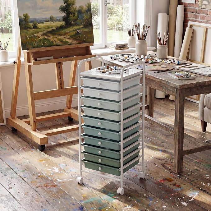 COSTWAY 10-Drawer Rolling Storage Cart, Utility Mobile Trolley | Removable Drawers & Universal Casters & 2 Brakes, Versatile Flexible Drawer Organizer Cart for Home, Office (Green Gradient)