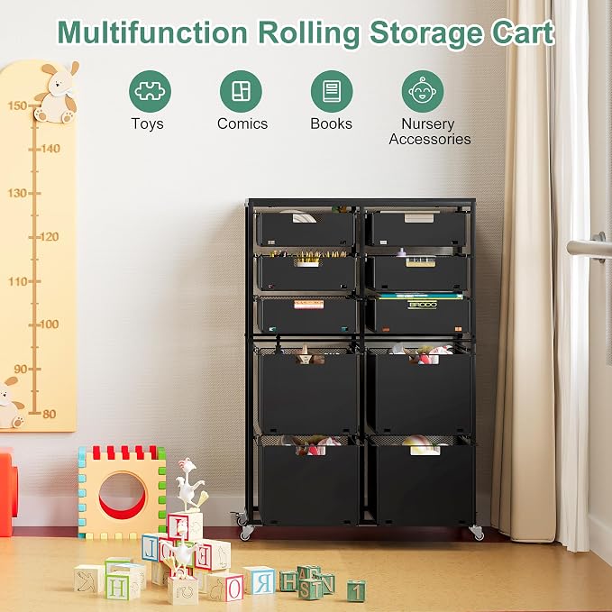 EasyPAG Rolling Storage Cart With 10 Drawers, Metal Craft Organizers with Wood Tabletop for Home, Letter/Legal Size Rolling File Cart for Office, Classroo and Dorm, Black