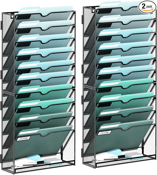 11-Tier Wall File Organizer, Wall Mounted Mail Sorter, 2 Pack | Metal Mesh Hanging File Organizer with Open Compartments and Label Panels for Papers and Folders at Home, Office or School