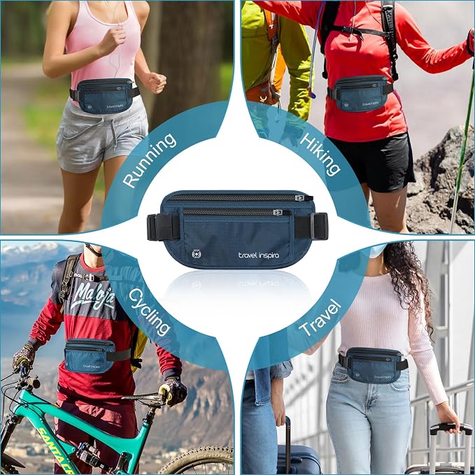 Travel Money Belt with Slim Anti-Theft RFID Passport Holder for Travel | Waist Pack Concealed under Clothes for Ultimate Protection of Credit Cards, Cash, Passport & Documents, Navy Blue