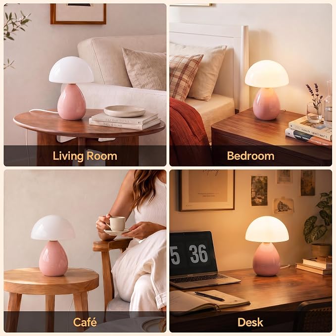 Mushroom Lamp Table Lamp for Bedroom-Small Desk Table Lamps,Pink | Ice Crackle 8.7" Mid Century Modern Table Lamps for Living Room Bedroom Decor,Ceramic Lamps for Home Room Decor,Glass Shade