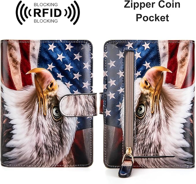 Passport Holder for Travel Essentials, RFID Blocking Passport Wallet Cover with Magnetic Closure, Passport Book Holders for Women and Men (American Flag Bald Eagle)