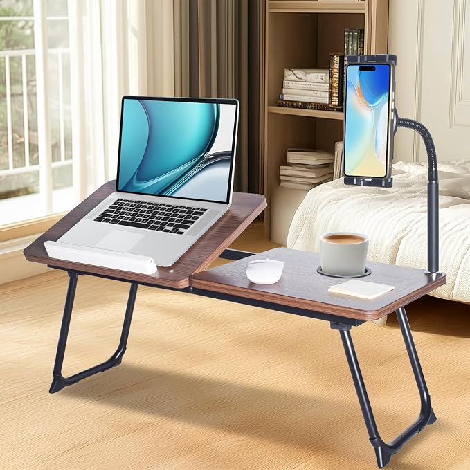 wishacc 28.7" Extra Wide Laptop Lap Desk for Bed and Sofa, Adjustable Bed Desk with Flexible Phone & Tablet Mount, Portable Black Lap Tray Table for Floor Couch Work, 2 Book Clips Included