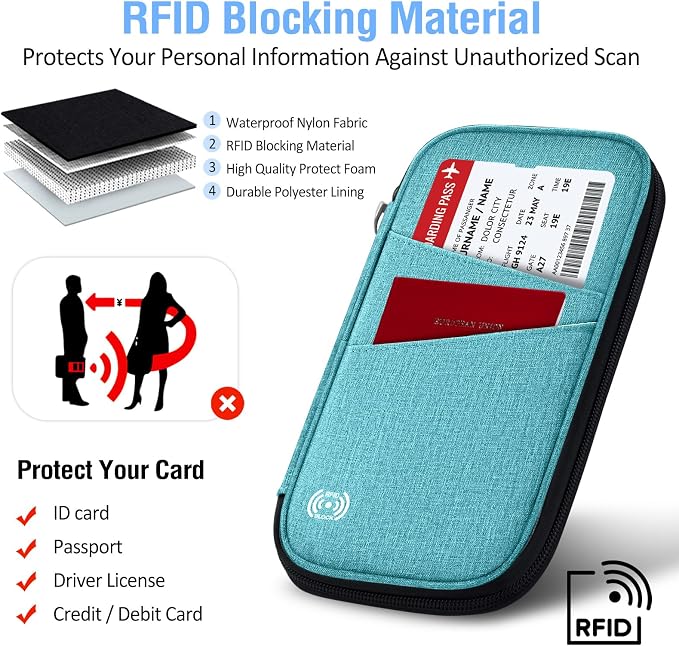 BKNOOU Family Passport Holder RFID Blocking Travel Document Organizer | Large Capacity (5 passports+13 cards), RFID Blocking, Air Travel Essentials, Detachable Wrist Strap and Shoulder Strap