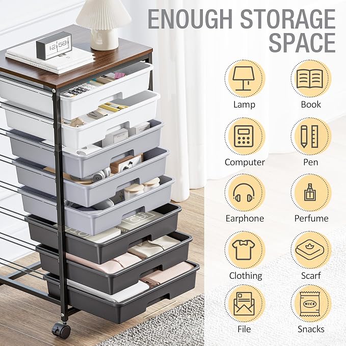 Rolling Storage Cart with 8 Drawers, Utility Cart on Wheels with Wooden Tabletop, Utility Cart for Teacher Storage, Office Organizer, Classroom Storage Cart, Craft Storage, Grey | Utility Cart on Wheels with Wooden Tabletop,Teacher Organization for Cla...