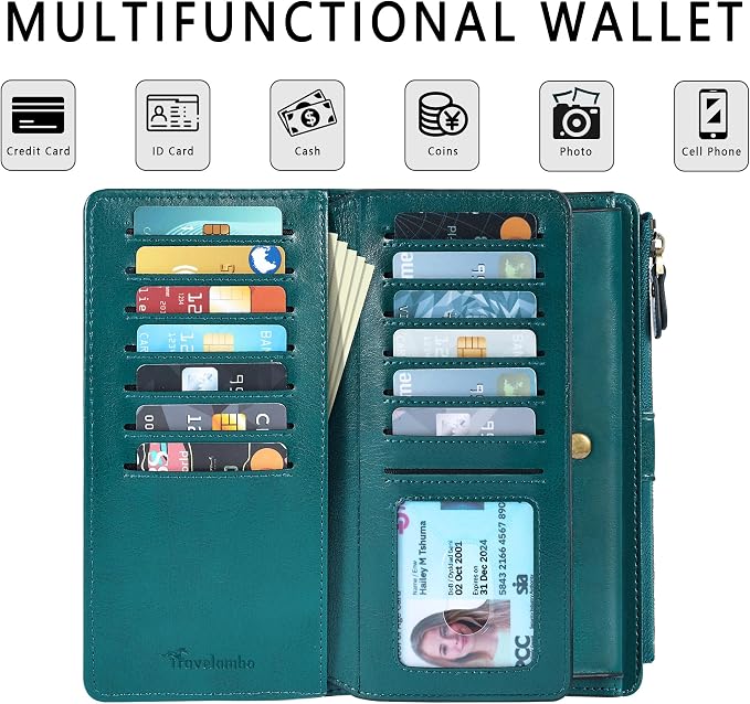 Travelambo Women's Wallet RFID Blocking Trifold Clutch Large Capacity Credit Card Holder Travel Purse