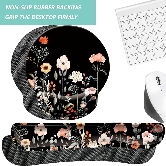 Keyboard Wrist Rest Pad Mouse Pad with Wrist Support Set of 3, Mousepad with Non-Slip Rubber Base, Ergonomic Memory Foam Mouse Wrist Cushion Support for Home Office Laptop Computer, Flower Black