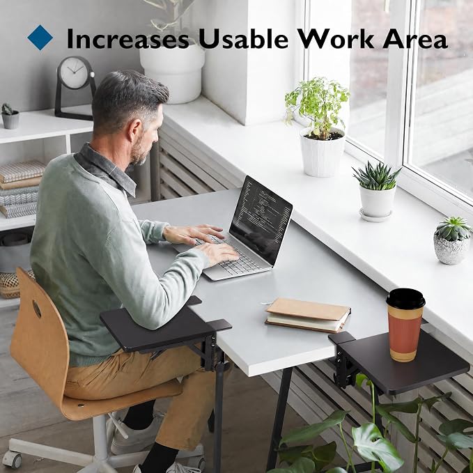 BONTEC Ergonomic Desk Extender Tray, 9.5"x9.1" Wrist Rest Shelf, Black | 90°Foldable Elbow Support, Table Mount Arm, Clamp on Computer Arm Rest for Desk, Office & Home Use,Durable Easy to Install