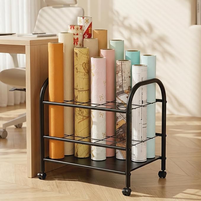 Blueprint Storage Holder with Wheels – 20-Slot Metal Roll File Rack with Silent Casters & Brakes for Blueprints, Wrapping Paper, Posters, Maps – Mobile File Cart for Office & Home (Black)