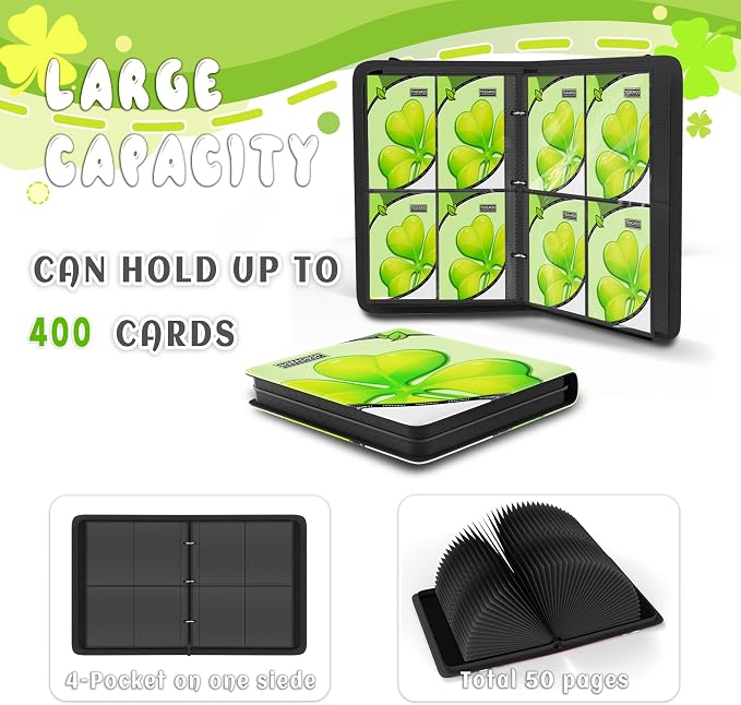 Trading Card Binder 4 Pocket, Card Binder 400 Pockels Card Book Holder Cards with 50 Removable Sleeves, 3-RingZip Design MTG/TCG/Sport Collectible Trading Card Albums Gifls for Boys and Girls (Leaf）