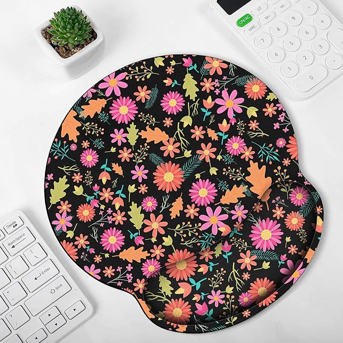 KONVINIT Ergonomic Mouse Pad with Wrist Rest, Small Mousepad with Non-Slip Rubber Base and Smooth Surface, Black Flowers Mouse Pads for Desk, Office Desk Accessories