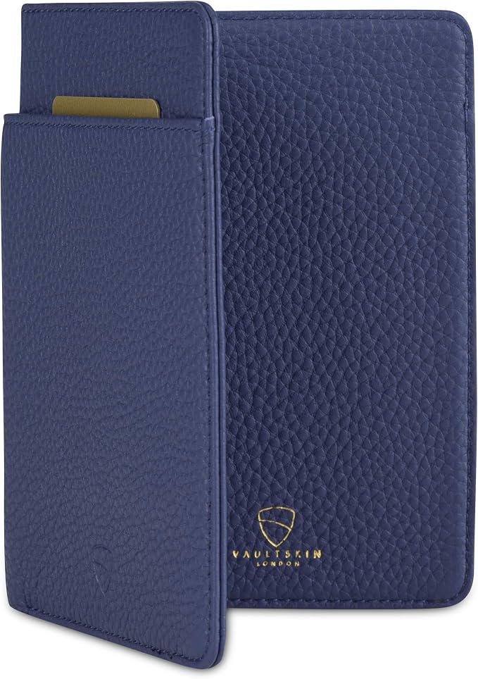 Vaultskin KENSINGTON Passport Holder for Travel, RFID Wallet (Matt Blue) | Slim genuine leather book cover, small case for men and women, inner sleeve, cards, cash, scan blocking protection, gift box