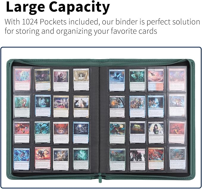 Snekdy premium 1024-pocket trading card binder, 16-pocket cards album, waterproof PU-leather Cover album with side loading, holds gaming, baseball, basketball & sports cards Green