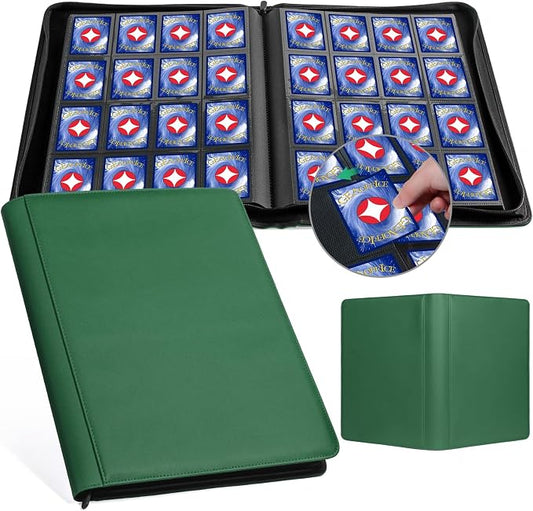 GEAoffice 16 Pocket Trading Card Binder for 1000+ Cards, Ringless Side-Loading 4x4 Card Binder with Zipper Closure, PU Leather 1024 Card Binder for MTG/TCG/Baseball/Sports&Game Cards, Green