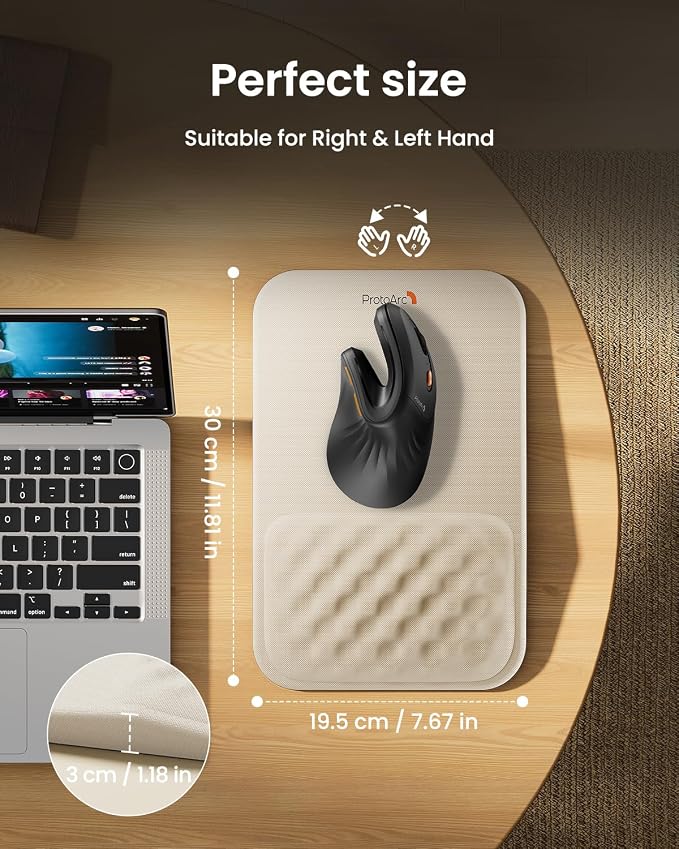 ProtoArc MP50 Ergonomic Mouse Pad with Wrist Support, Lycra Surface, Beige | 8° slope & massage points, soft memory foam, Large 12x8 Inches, Non-slip base. Relieves wrist strain for office & home