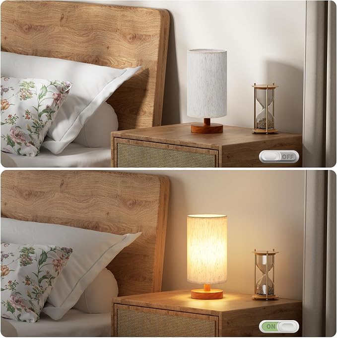 Desk Small Lamps Set of 2 (Cream Shade - Walnut Base, 9" Inline Control) | Two 3000K LED Blubs Included | 680 Lumens | Easy Assembly | Minimalist Design | E26 | for Kitchen | for Kids Room