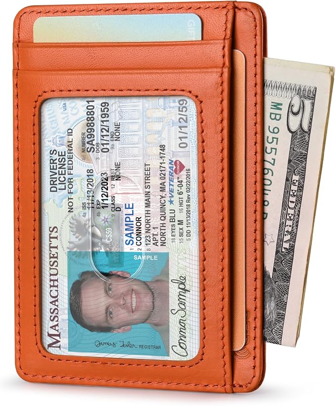 Buffway Slim Wallet for Men Women Minimalist Small Leather Front Pocket Wallets with RFID Blocking and Gifts Box - Bassa Orange