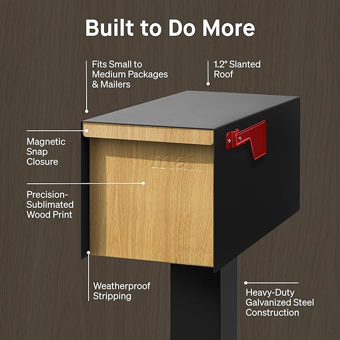 Adoorn Post Mount Outdoor Mailboxes - Large Decorative Mailbox for Letters and Packages - Weatherproof Construction - Durable Steel - Magnetic Closure - 9.5” H x 9.5” W x 20.75” D - White Oak
