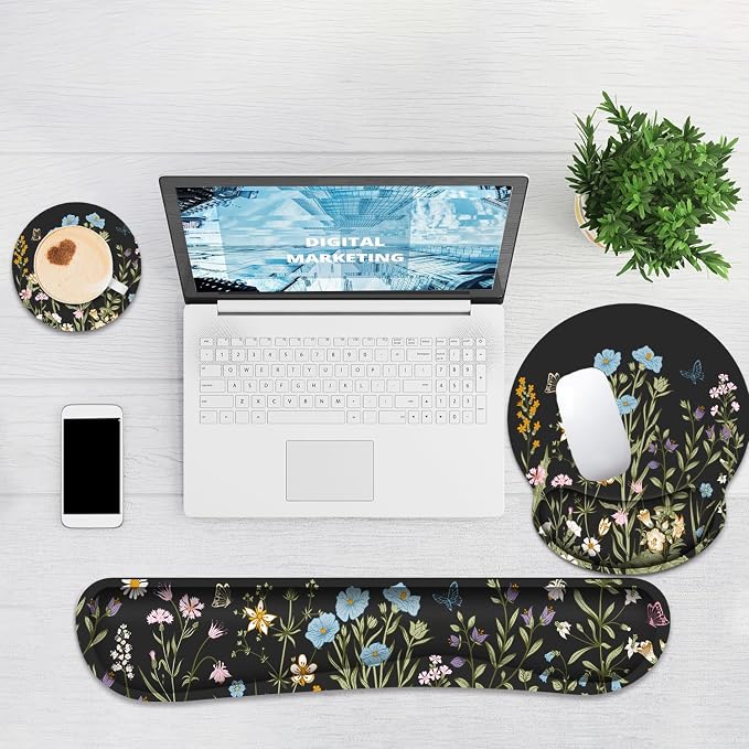 Ergonomic Mouse Pad with Wrist Rest and Keyboard Wrist Rest, Mousepad | Memory Foam Wrist Rest for Computer Keyboard, Pain Relief, Non-Slip Base, Black Mouse Pad Wrist Support for Gaming, Floral