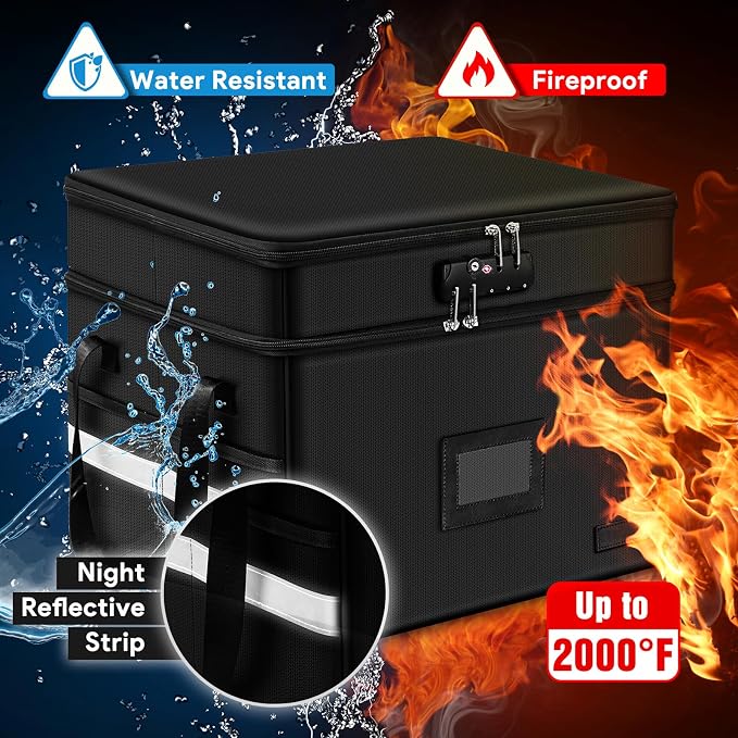 Fireproof File Oganizer with Lock, 2 Layer Fireproof Document Storage Box | Portable Office File Cabinet with 5 Tab Inserts, Collapsible File Storage for Hanging Letter, Legal Size Folder, Certificate
