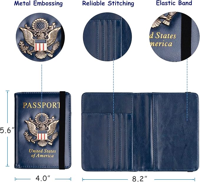 TOURSUIT RFID Blocking Passport Holder, Leather Travel Wallet, Dark Blue | Travel Document Holder Cover Accessories, 3D Metal Badge, For Women Men