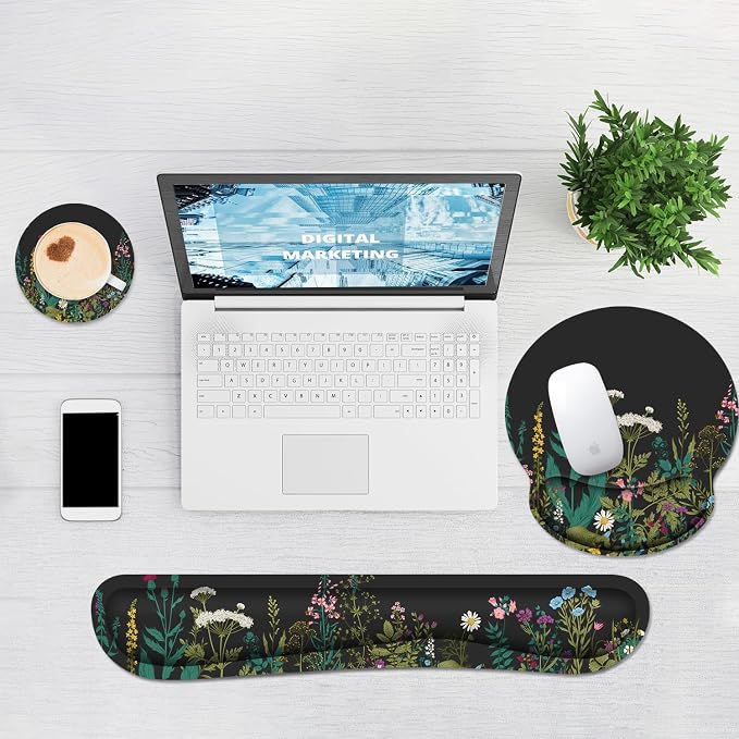 Ergonomic Mouse Pad with Wrist Rest and Keyboard Wrist Rest, Mousepad | Memory Foam Wrist Rest for Computer Keyboard, Pain Relief, Non-Slip Base, Black Mouse Pad Wrist Support for Gaming, Flower