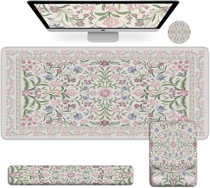 iCasso Mouse Pad with Wrist Rest, Large Desk Mat Set, Purple | Ergonomic Keyboard Pad with Wrist Support, Non-Slip Mouse Mat for Women, Cute Floral Computer Mat for Home Office Gaming