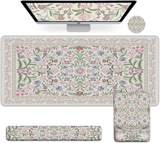 iCasso Mouse Pad with Wrist Rest, Large Desk Mat Set, Purple | Ergonomic Keyboard Pad with Wrist Support, Non-Slip Mouse Mat for Women, Cute Floral Computer Mat for Home Office Gaming