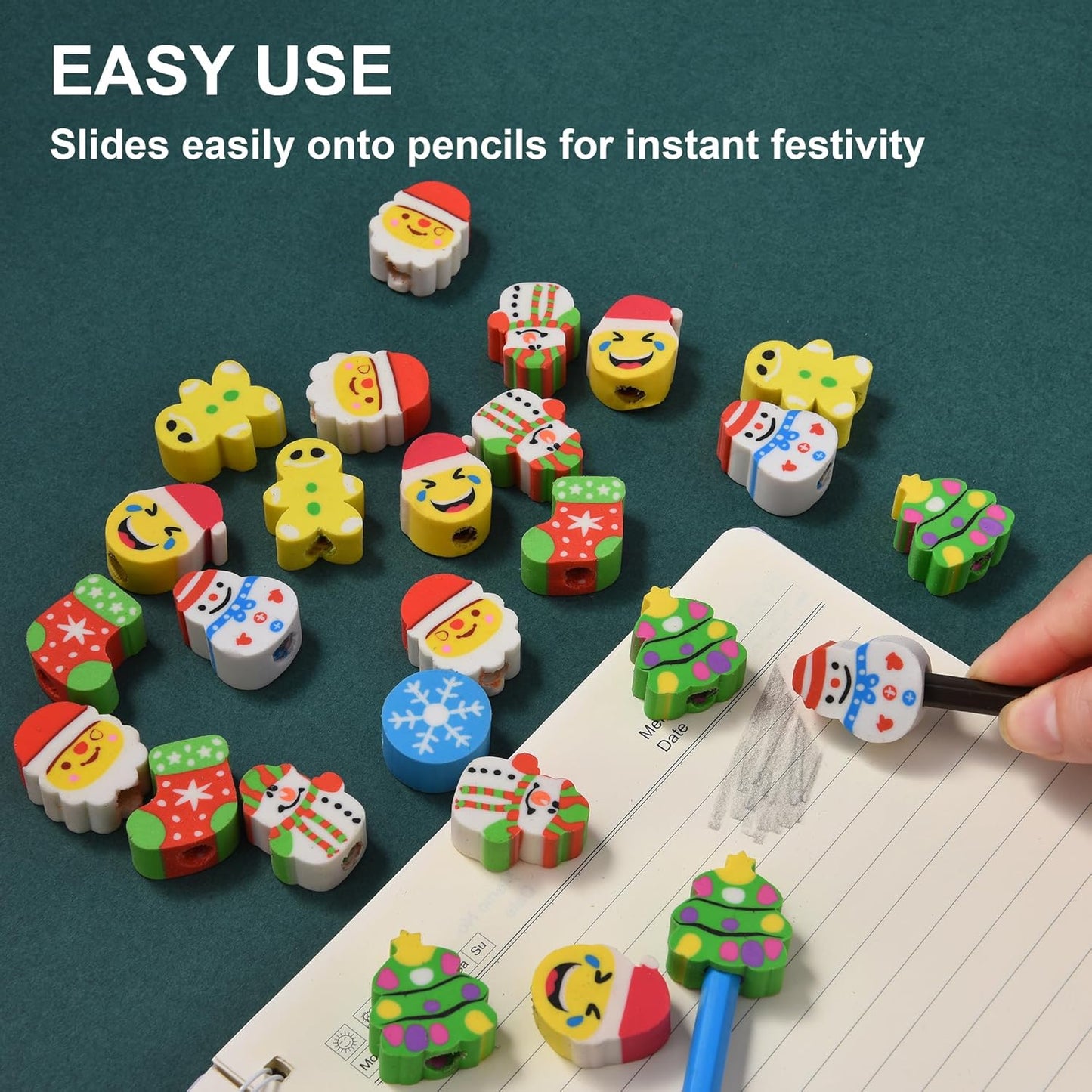 42 Pieces Christmas Pencil Top Erasers for Kids, Christmas Pencil Erasers Toppers Bulk, Cute Mini Cap Erasers for Holiday Party Favors Classroom Rewards Goodie Bags Stuffers Stocking Stuffers