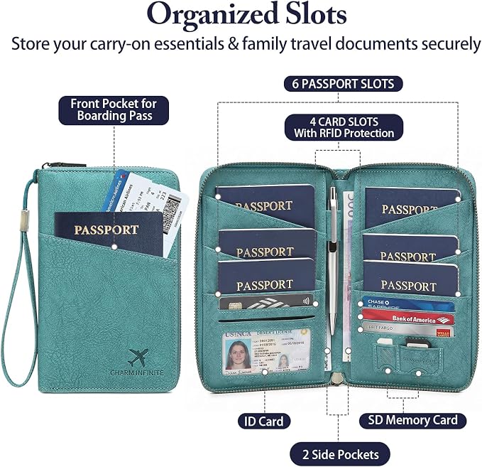 Family Passport Holder for Travel Women and Men RFID Blocking Passport Holder with Zipper Multi-functional Passport Wallet Passport Case Passport cover Travel Essentials