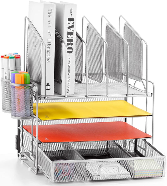 Marbrasse Desk Organizers, 4-Tier Mesh Desk File Organizer with 5 Vertical File Holders and 2 Pen Holders, Multifunction Desktop Organizer,Desk Organizers and Accessories for Home Office (Silver)