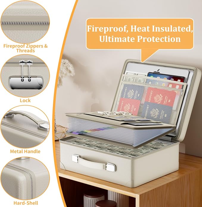 DocSafe 6400°F Fireproof Document Box with Lock, 10 Layers Heat Insulated | Fire&Water Resistant,Hard Case Safe Box with Zipper＆Multi Pockets, Protects Personal Items,Documents,Laptop,Passport,Beige