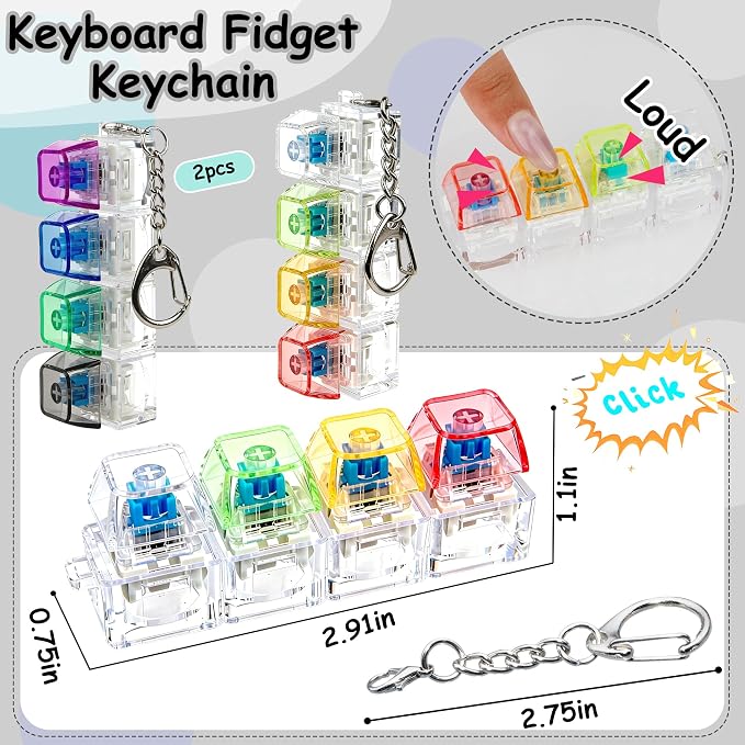 2 PCS Keyboard Fidget Toy, Keyboard Fidget Keychain 4-in-1 Keyboard Decompression Button Finger Clicker Toys, Keychain Button Stress Relief Fidget Gifts to Relief Stress (Transparent)