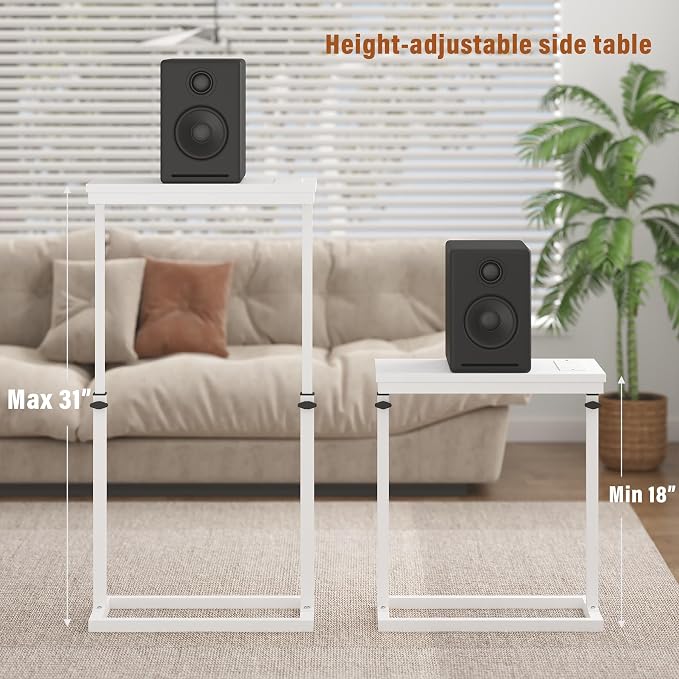 TUTOTAK End Table with Charging Station, Side Table, Tall Couch Table | Sofa Table, for living Room, Bedroom, White TB01BW084