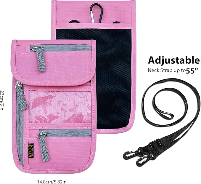 Travel Neck Wallet, RFID Blocking Passport Holder with Adjustable Neck Strap for Men and Women to Keep Cash, Credit Cards and Travel Documents Safe - Pink